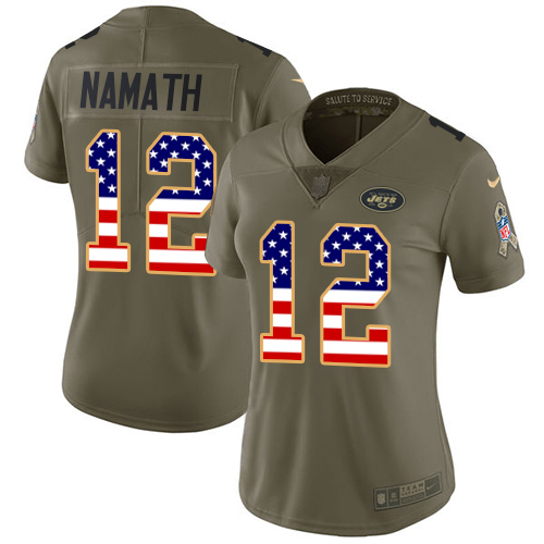 Nike Jets #12 Joe Namath Olive/USA Flag Women's Stitched NFL Limited Salute to Service Jersey